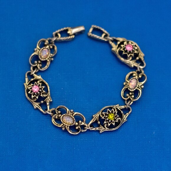 6 inch, Vintage Faux Gems Floral Gold Tone Bracelet by Sarah Coventry - D44 - Picture 1 of 3